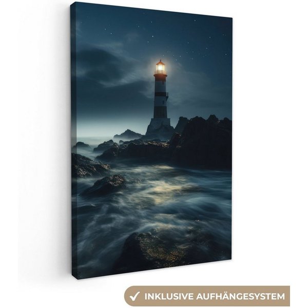 OneMillionCanvasses® Leinwandbild Leuchtturm - Meer - Nebel - Felsen - Maritim - Natur, Fotodruck (1 St), Leinwand Canvas Wandbild, Wanddekoration 20x30 cm