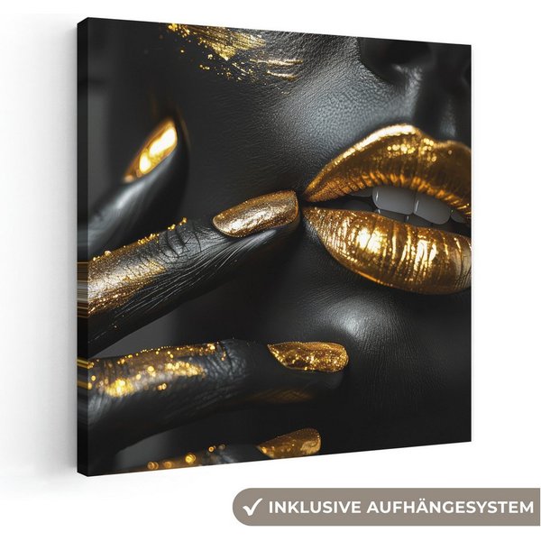 OneMillionCanvasses® Leinwandbild Lippen - Gold - Abstrakt - Schwarz - Frau, Fotodruck (1 St), Leinwand Bilder Klein, Wand Dekoration Aesthetic 30x20 cm