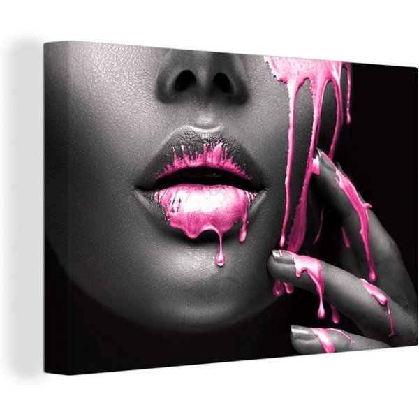 OneMillionCanvasses® Leinwandbild Lippen - Rosa - Schwarz, Fotodruck (1 St), Leinwand Bilder Klein, Wand Dekoration Aesthetic 30x20 cm
