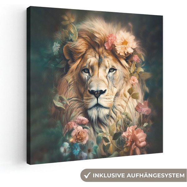 OneMillionCanvasses® Leinwandbild Löwe - Löwenkopf - Wilde Tiere - Blumen, Fotodruck (1 St), Leinwand Bilder Klein, Wand Dekoration Aesthetic 30x20 cm
