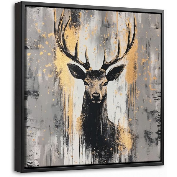 OneMillionCanvasses® Leinwandbild mit Rahmen - Abstrakt - Hirsch - Geweih - Gold, Fotodruck (1 St), Leinwand Bilder Klein, Wand Dekoration Aesthetic 20x20cm