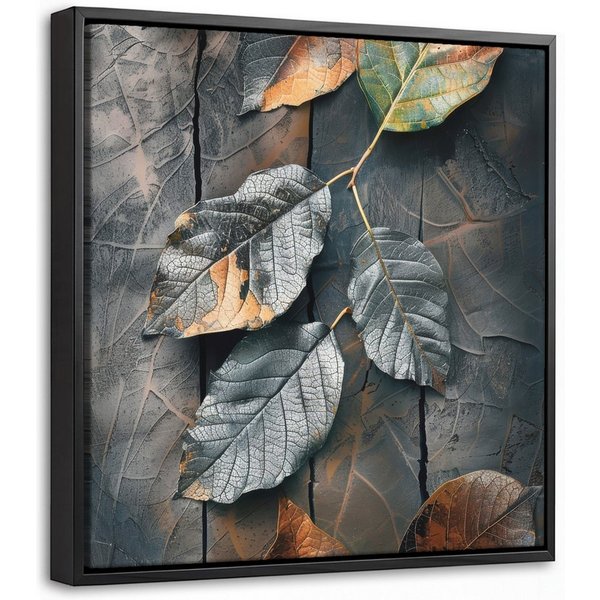 OneMillionCanvasses® Leinwandbild mit Rahmen - Blätter - Herbst - Grau - Natur, Fotodruck (1 St), Leinwand Bilder Klein, Wand Dekoration Aesthetic 20x20cm
