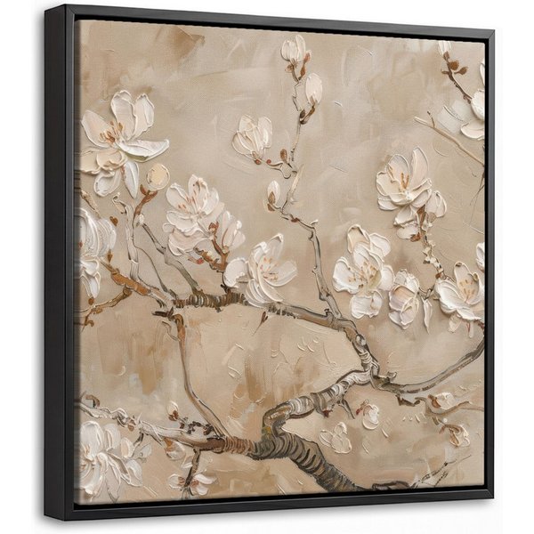 OneMillionCanvasses® Leinwandbild mit Rahmen - Blumen - Modern - Beige - Weiß - Blüte, Fotodruck (1 St), Leinwand Bilder Klein, Wand Dekoration Aesthetic 20x20c