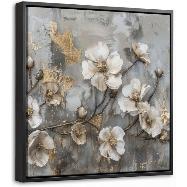 OneMillionCanvasses® Leinwandbild mit Rahmen - Blumen - Weiß - Grau - Gold - Luxus, Fotodruck (1 St), Leinwand Bilder Klein, Wand Dekoration Aesthetic 20x20cm