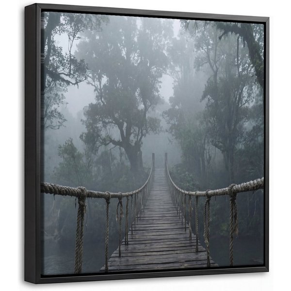 OneMillionCanvasses® Leinwandbild mit Rahmen - Brücke - Dschungel - Nebel - Natur, Fotodruck (1 St), Leinwand Bilder Klein, Wand Dekoration Aesthetic 20x20cm