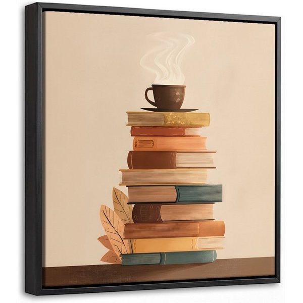 OneMillionCanvasses® Leinwandbild mit Rahmen - Bücher - Turm - Kaffee - Beige, Fotodruck (1 St), Leinwand Bilder Klein, Wand Dekoration Aesthetic 20x20cm