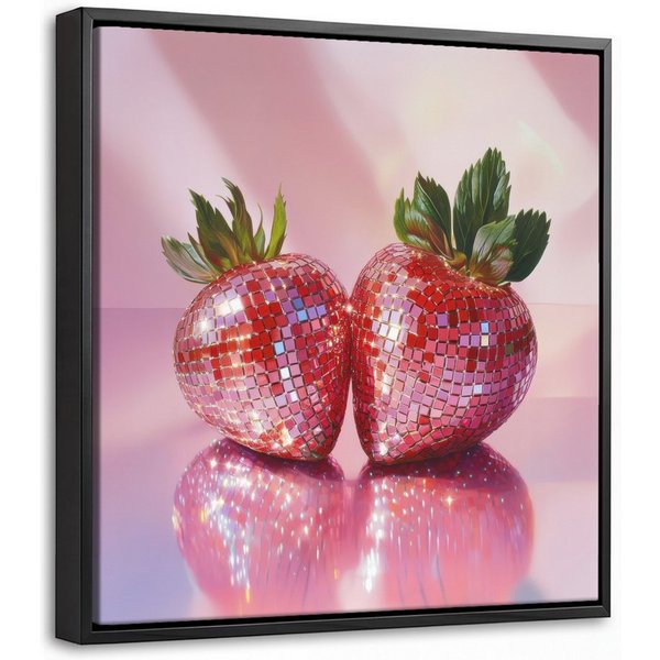 OneMillionCanvasses® Leinwandbild mit Rahmen - Disco - Obst - Glitzer - Erdbeere, Fotodruck (1 St), Leinwand Bilder Klein, Wand Dekoration Aesthetic 20x20cm