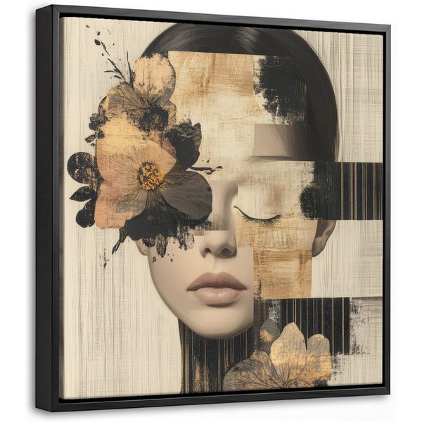 OneMillionCanvasses® Leinwandbild mit Rahmen - Gesicht - Blumen - Schwarz - Frau, Fotodruck (1 St), Leinwand Bilder Klein, Wand Dekoration Aesthetic 20x20cm