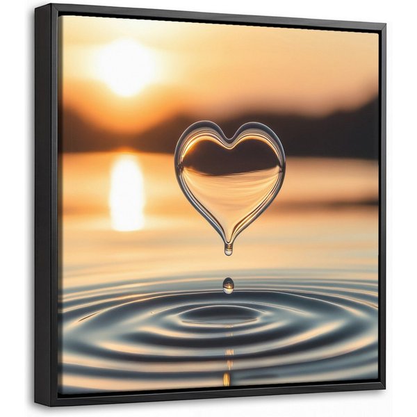 OneMillionCanvasses® Leinwandbild mit Rahmen - Herz - Wasser - Sonnenuntergang - Natur - Zen, Fotodruck (1 St), Leinwand Bilder Klein, Wand Dekoration Aesthetic