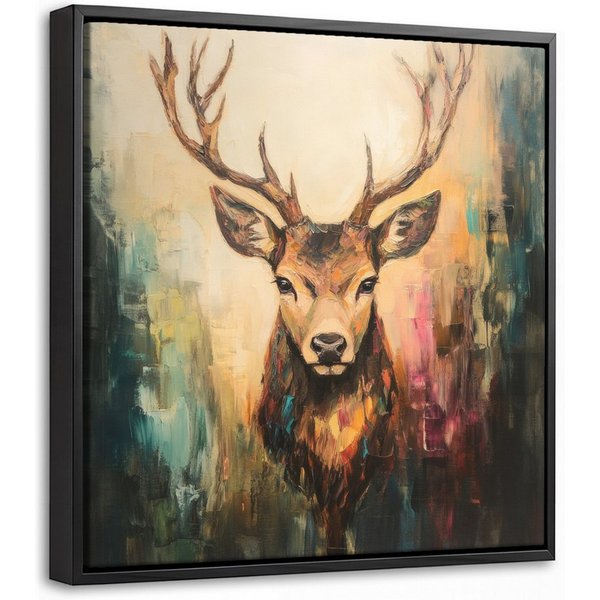 OneMillionCanvasses® Leinwandbild mit Rahmen - Hirsch - Gemalt - Geweih - Braun, Fotodruck (1 St), Leinwand Bilder Klein, Wand Dekoration Aesthetic 20x20cm