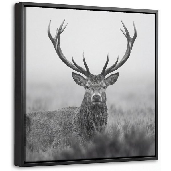 OneMillionCanvasses® Leinwandbild mit Rahmen - Hirsch - Neblig - Schwarz - Weiß, Fotodruck (1 St), Leinwand Bilder Klein, Wand Dekoration Aesthetic 20x20cm
