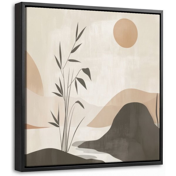 OneMillionCanvasses® Leinwandbild mit Rahmen - Japandi - Landschaft - Beige, Fotodruck (1 St), Leinwand Bilder Klein, Wand Dekoration Aesthetic 20x20cm