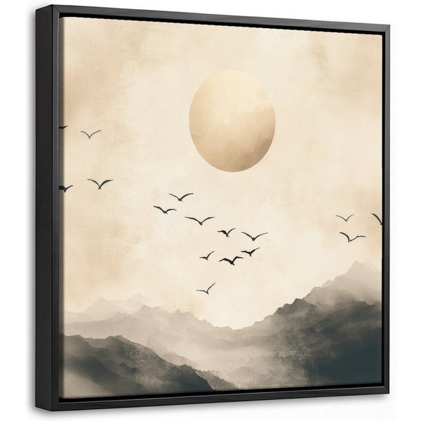 OneMillionCanvasses® Leinwandbild mit Rahmen - Landschaft - Japandi - Vogel, Fotodruck (1 St), Leinwand Bilder Klein, Wand Dekoration Aesthetic 20x20cm
