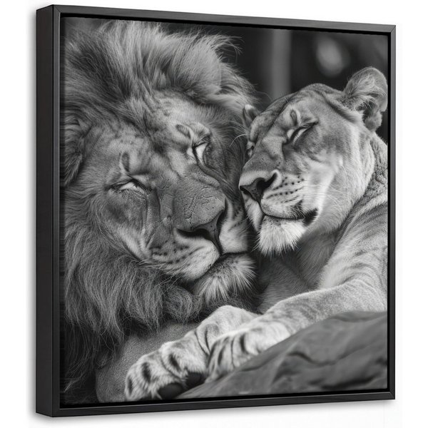 OneMillionCanvasses® Leinwandbild mit Rahmen - Löwen - Tiere - Schwarz - Weiß - Löwe, Fotodruck (1 St), Leinwand Bilder Klein, Wand Dekoration Aesthetic 20x20cm
