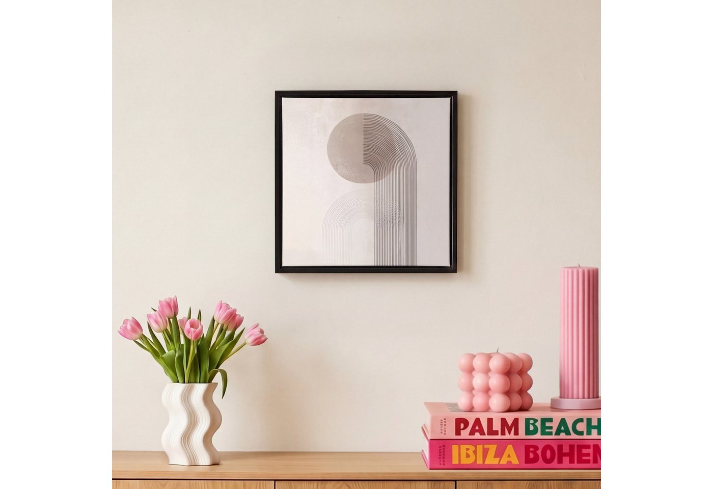 OneMillionCanvasses® Leinwandbild mit Rahmen - Minimalistisch - Kreis - Hellgrau, Fotodruck (1 St), Leinwand Bilder Klein, Wand Dekoration Aesthetic 20x20cm – Bild 4 von 5