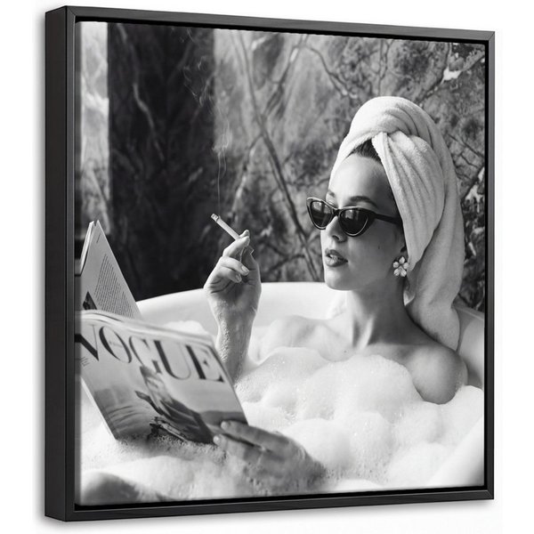 OneMillionCanvasses® Leinwandbild mit Rahmen - Relaxt - Bad - Schwarz - Weiß, Fotodruck (1 St), Leinwand Bilder Klein, Wand Dekoration Aesthetic 20x20cm