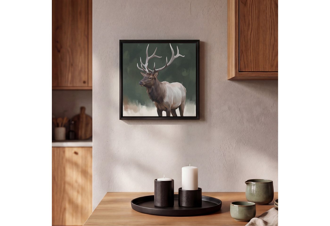 OneMillionCanvasses® Leinwandbild mit Rahmen - Rothirsch - Geweih - Malerei - Rustikal, Fotodruck (1 St), Leinwand Bilder Klein, Wand Dekoration Aesthetic 20x20 – Bild 2 von 5