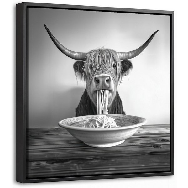 OneMillionCanvasses® Leinwandbild mit Rahmen - Schottischer Highlander - Spaghetti - Tiere - Schwarz und, Fotodruck (1 St), Leinwand Bilder Klein, Wand Dekorati