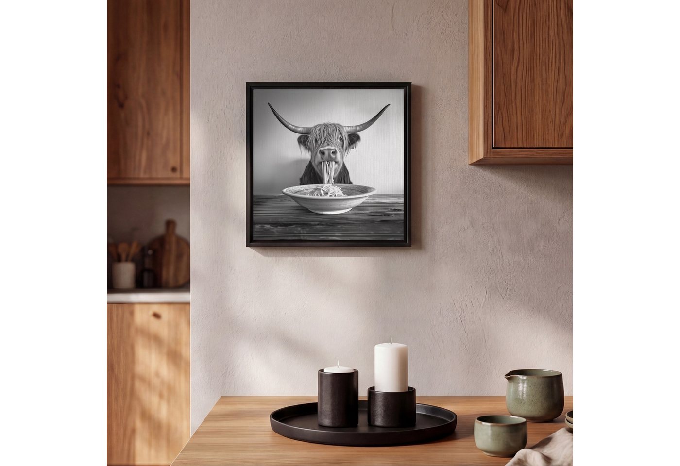 OneMillionCanvasses® Leinwandbild mit Rahmen - Schottischer Highlander - Spaghetti - Tiere - Schwarz und, Fotodruck (1 St), Leinwand Bilder Klein, Wand Dekorati – Bild 2 von 5