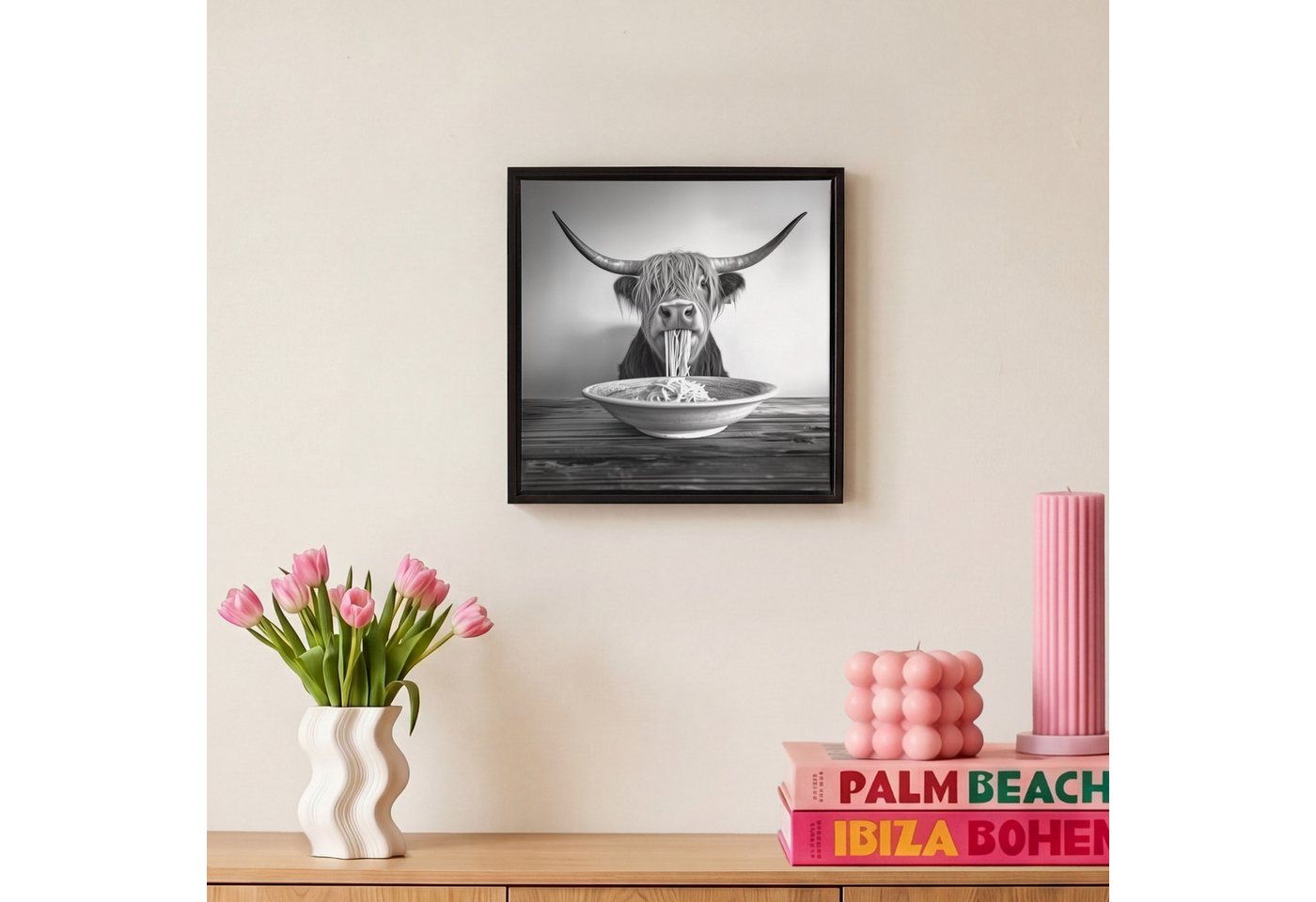 OneMillionCanvasses® Leinwandbild mit Rahmen - Schottischer Highlander - Spaghetti - Tiere - Schwarz und, Fotodruck (1 St), Leinwand Bilder Klein, Wand Dekorati – Bild 4 von 5