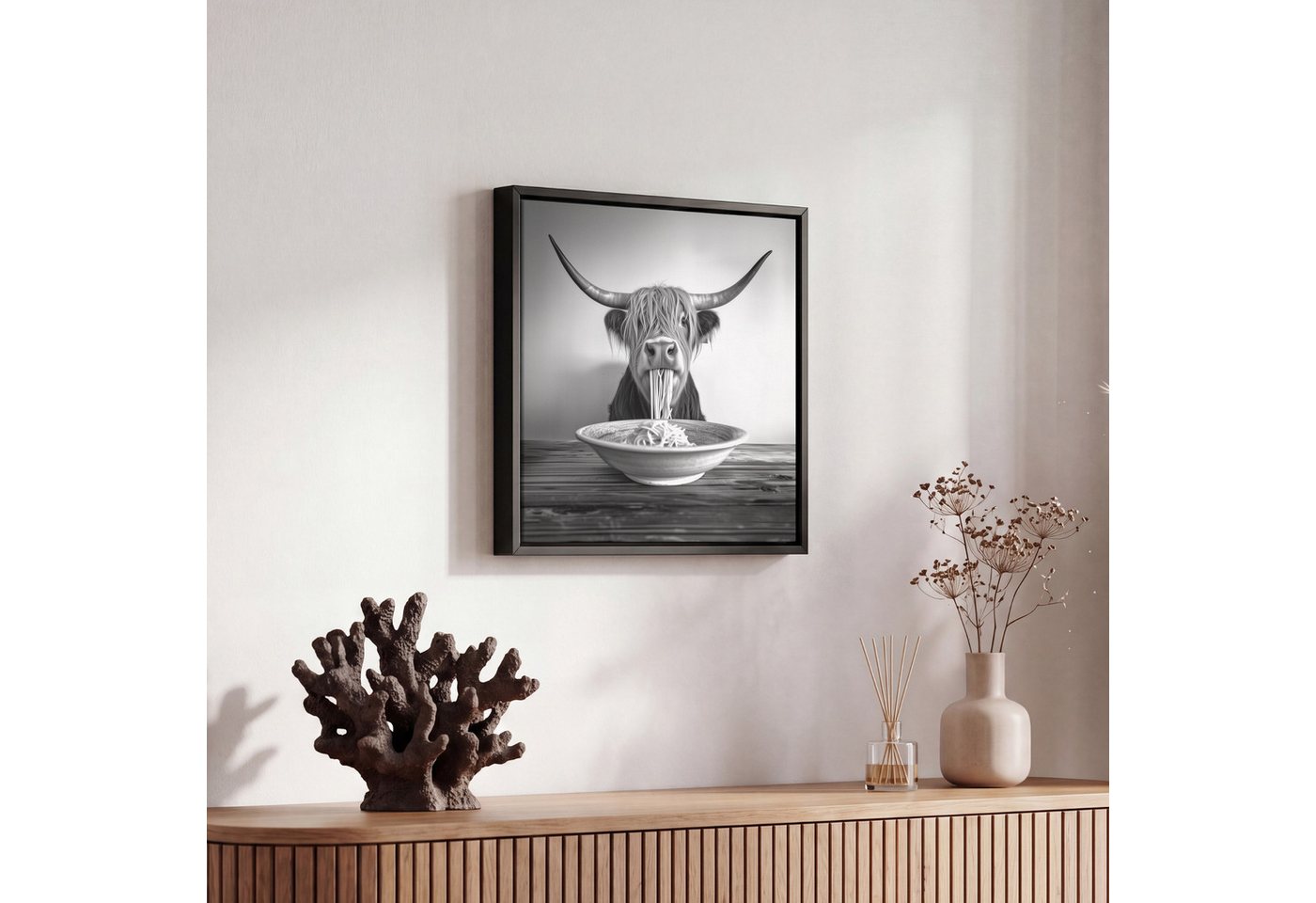 OneMillionCanvasses® Leinwandbild mit Rahmen - Schottischer Highlander - Spaghetti - Tiere - Schwarz und, Fotodruck (1 St), Leinwand Bilder Klein, Wand Dekorati – Bild 5 von 5