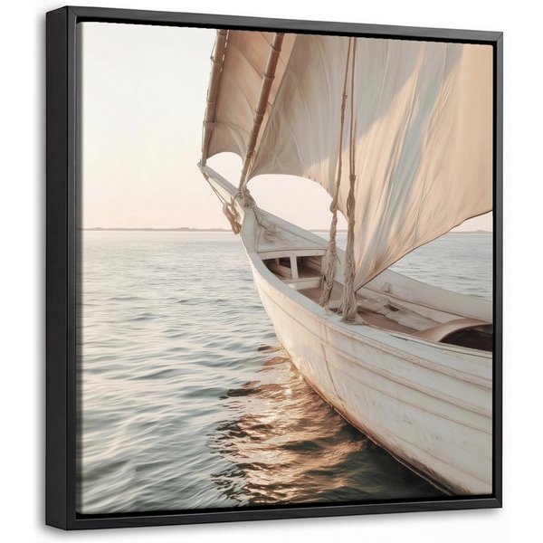 OneMillionCanvasses® Leinwandbild mit Rahmen - Segelboot - Meer - Beige - Sonne, Fotodruck (1 St), Leinwand Bilder Klein, Wand Dekoration Aesthetic 20x20cm