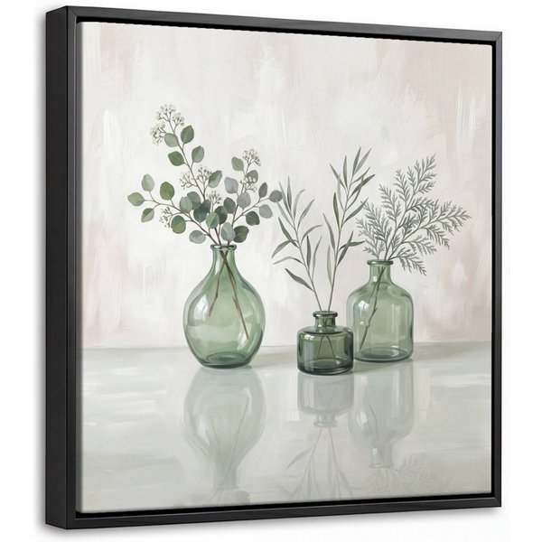 OneMillionCanvasses® Leinwandbild mit Rahmen - Vasen - Blätter - Grün, Fotodruck (1 St), Leinwand Bilder Klein, Wand Dekoration Aesthetic 20x20cm