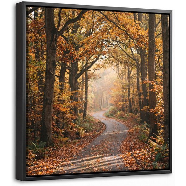 OneMillionCanvasses® Leinwandbild mit Rahmen - Waldweg - Herbstwald - Blätter - Orange - Nostalgisch, Fotodruck (1 St), Leinwand Bilder Klein, Wand Dekoration A