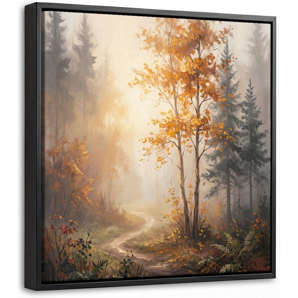 OneMillionCanvasses® Leinwandbild mit Rahmen - Waldweg - Herbstlaub - Natur - Landschaft - Orange, Fotodruck (1 St), Leinwand Bilder Klein, Wand Dekoration Aest