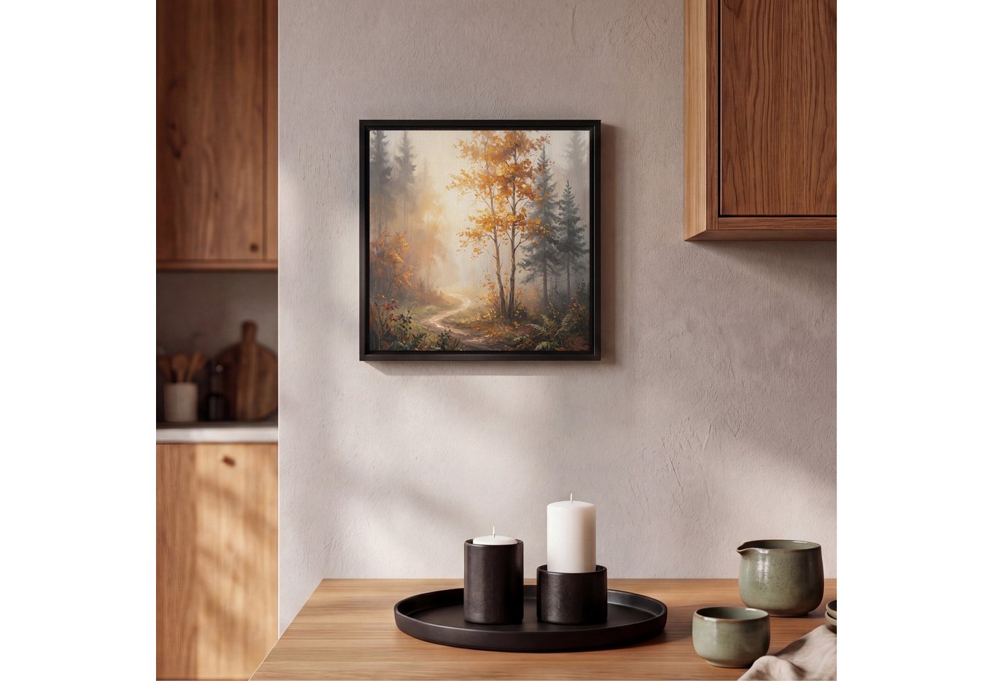 OneMillionCanvasses® Leinwandbild mit Rahmen - Waldweg - Herbstlaub - Natur - Landschaft - Orange, Fotodruck (1 St), Leinwand Bilder Klein, Wand Dekoration Aest – Bild 2 von 5