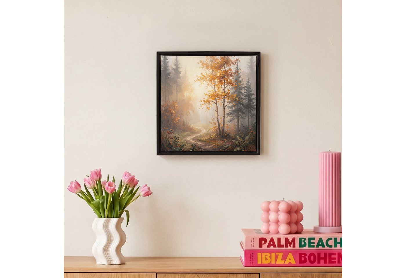 OneMillionCanvasses® Leinwandbild mit Rahmen - Waldweg - Herbstlaub - Natur - Landschaft - Orange, Fotodruck (1 St), Leinwand Bilder Klein, Wand Dekoration Aest – Bild 4 von 5