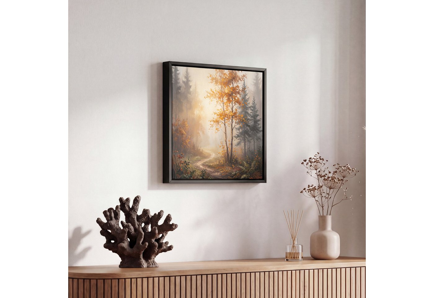 OneMillionCanvasses® Leinwandbild mit Rahmen - Waldweg - Herbstlaub - Natur - Landschaft - Orange, Fotodruck (1 St), Leinwand Bilder Klein, Wand Dekoration Aest – Bild 5 von 5