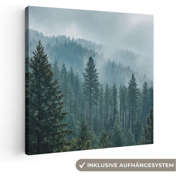 OneMillionCanvasses® Leinwandbild Nadelwald – Berge – Nebel, Fotodruck (1 St), Leinwand Bilder Klein, Wand Dekoration Aesthetic 30x20 cm