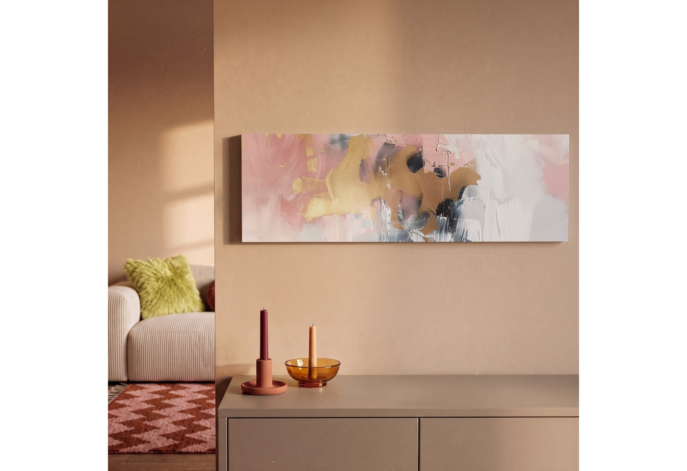 OneMillionCanvasses® Leinwandbild Panorama Abstrakt - Pastellfarben - Gold - Modern - Ästhetisch, Fotodruck (1 St), Wandbild, Deko Schlafzimmer Wohnzimmer Flur  – Bild 2 von 5