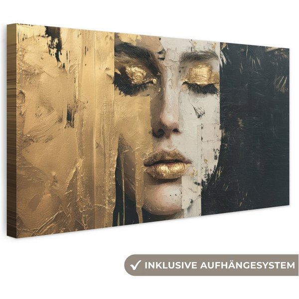 OneMillionCanvasses® Leinwandbild Panorama Abstrakt - Gold - Gesicht - Lippen, Fotodruck (1 St), Wandbild, Deko Schlafzimmer Wohnzimmer Flur 40x20 cm