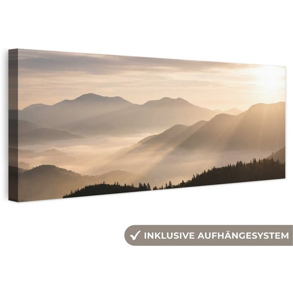 OneMillionCanvasses® Leinwandbild Panorama Berge - Nebel - Sonnenstrahlen, Fotodruck (1 St), Wandbild, Deko Schlafzimmer Wohnzimmer Flur 60x20 cm