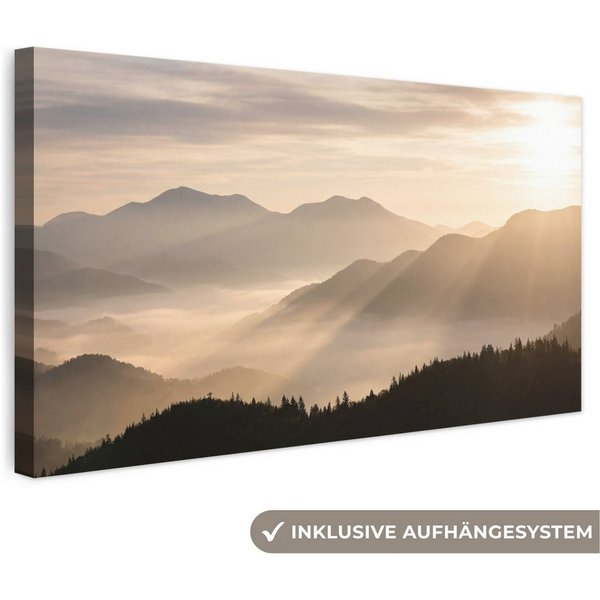 OneMillionCanvasses® Leinwandbild Panorama Berge - Nebel - Sonnenstrahlen, Fotodruck (1 St), Wandbild, Deko Schlafzimmer Wohnzimmer Flur 40x20 cm