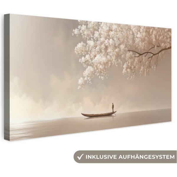 OneMillionCanvasses® Leinwandbild Panorama Blüten - Weiß - Boot - Minimalistisch, Fotodruck (1 St), Wandbild, Deko Schlafzimmer Wohnzimmer Flur 40x20 cm