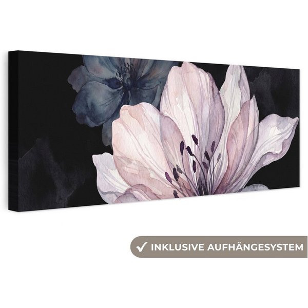 OneMillionCanvasses® Leinwandbild Panorama Blumen – Aquarell – Modern – Rosa – Dunkel, Fotodruck (1 St), Wandbild, Deko Schlafzimmer Wohnzimmer Flur 60x20 cm