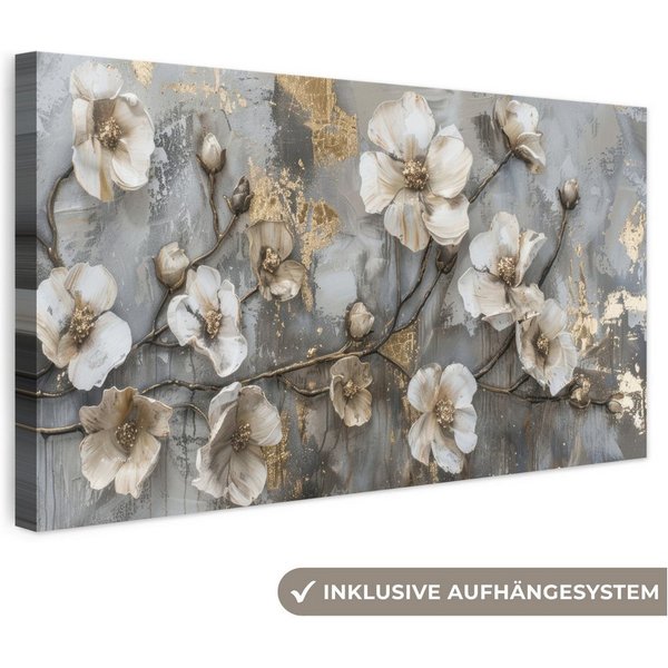OneMillionCanvasses® Leinwandbild Panorama Blumen - Weiß - Grau - Gold - Luxus, Fotodruck (1 St), Wandbild, Deko Schlafzimmer Wohnzimmer Flur 40x20 cm