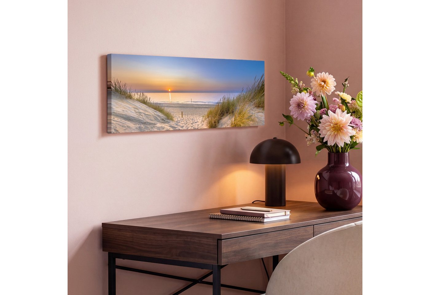 OneMillionCanvasses® Leinwandbild Panorama Düne - Sonnenuntergang - Horizont - Strand - Gras, Fotodruck (1 St), Wandbild, Deko Schlafzimmer Wohnzimmer Flur 60x2 – Bild 4 von 5