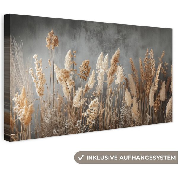 OneMillionCanvasses® Leinwandbild Panorama Getrocknete Feldblumen - Grau - Beton, Fotodruck (1 St), Wandbild, Deko Schlafzimmer Wohnzimmer Flur 40x20 cm