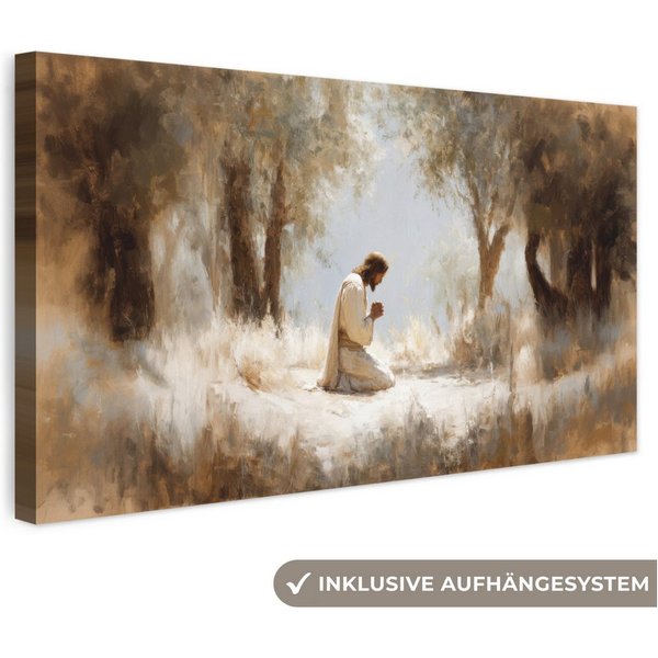 OneMillionCanvasses® Leinwandbild Panorama Jesus - Kniend - Waldlandschaft - Betend, Fotodruck (1 St), Wandbild, Deko Schlafzimmer Wohnzimmer Flur 40x20 cm