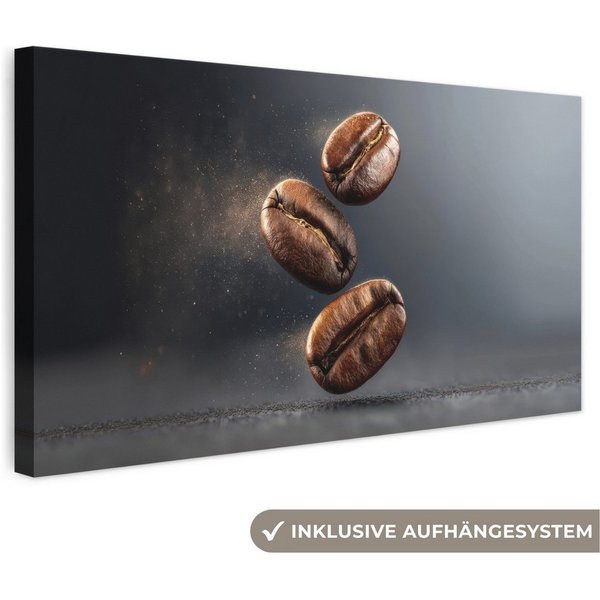 OneMillionCanvasses® Leinwandbild Panorama Kaffeebohnen - Schwebend - Grau, Fotodruck (1 St), Wandbild, Deko Schlafzimmer Wohnzimmer Flur 40x20 cm