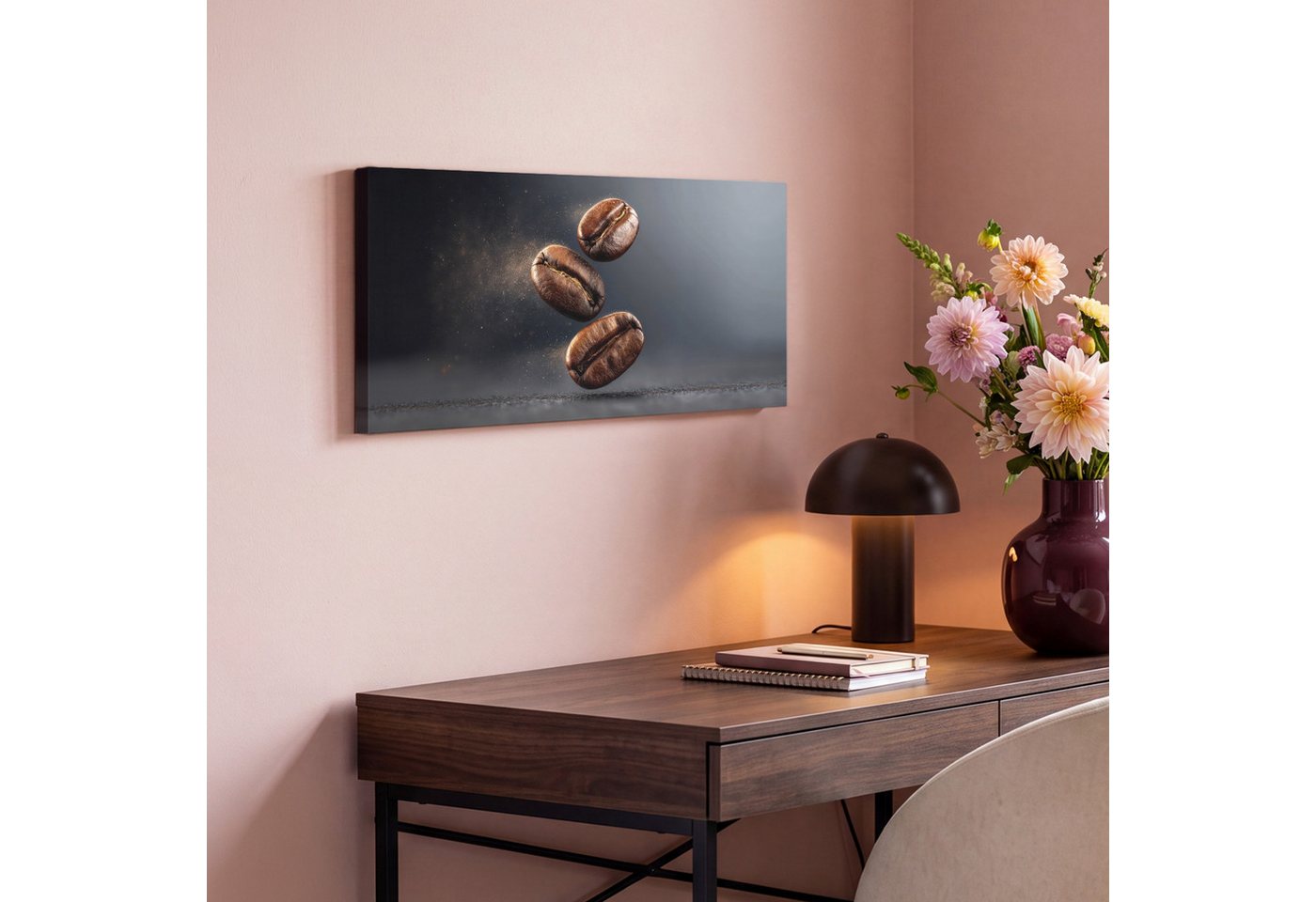 OneMillionCanvasses® Leinwandbild Panorama Kaffeebohnen - Schwebend - Grau, Fotodruck (1 St), Wandbild, Deko Schlafzimmer Wohnzimmer Flur 40x20 cm – Bild 4 von 5