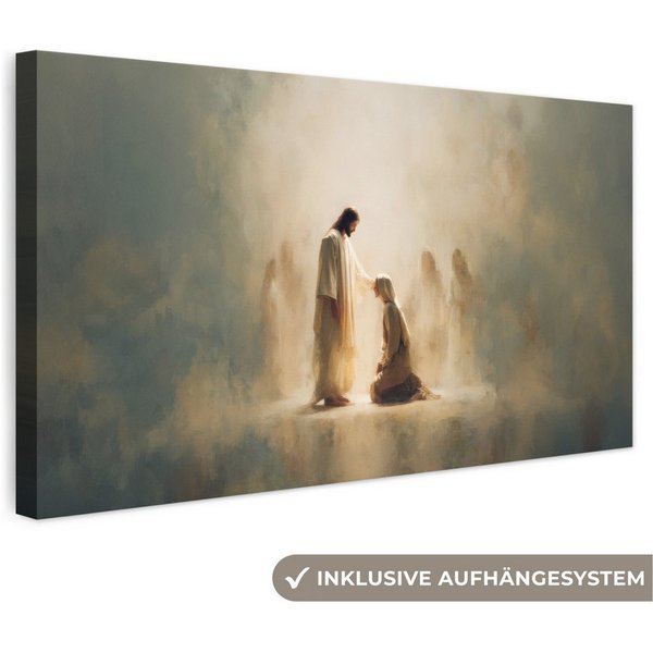 OneMillionCanvasses® Leinwandbild Panorama Kniend - Beige - Abstrakt - Jesus, Fotodruck (1 St), Wandbild, Deko Schlafzimmer Wohnzimmer Flur 40x20 cm