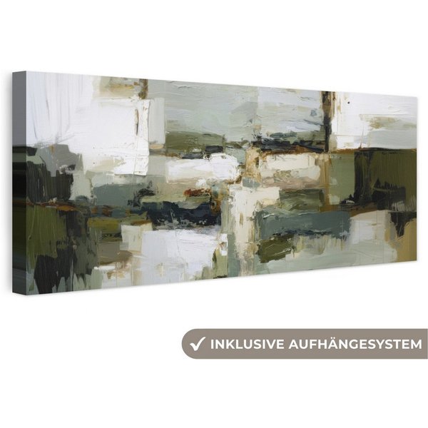 OneMillionCanvasses® Leinwandbild Panorama Pinselstriche - Grün - Abstrakt - Japandi, Fotodruck (1 St), Wandbild, Deko Schlafzimmer Wohnzimmer Flur 60x20 cm