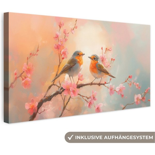 OneMillionCanvasses® Leinwandbild Panorama Rotkehlchen - Zierpflanze - Blütenzweig, Fotodruck (1 St), Wandbild, Deko Schlafzimmer Wohnzimmer Flur 40x20 cm