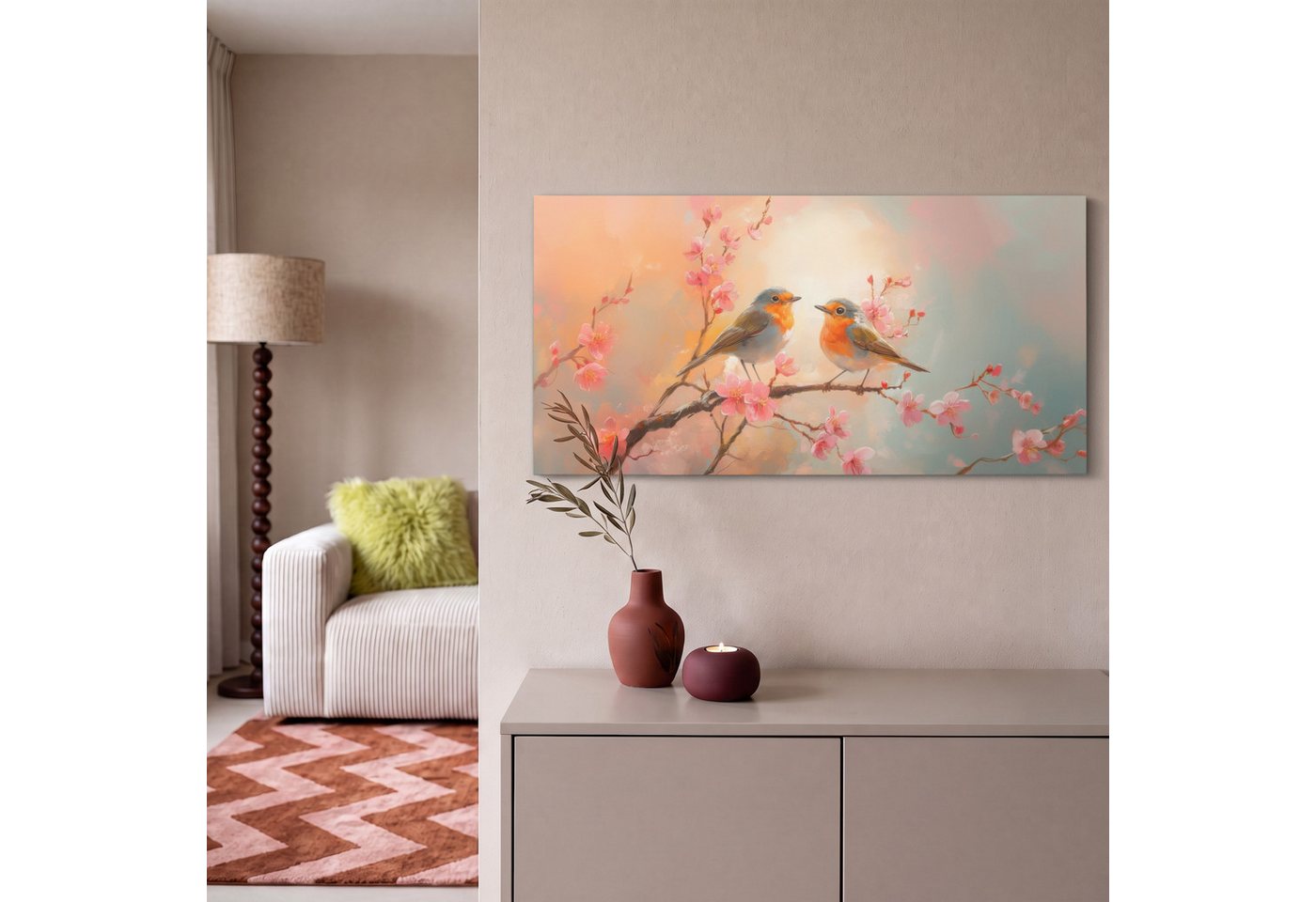 OneMillionCanvasses® Leinwandbild Panorama Rotkehlchen - Zierpflanze - Blütenzweig, Fotodruck (1 St), Wandbild, Deko Schlafzimmer Wohnzimmer Flur 40x20 cm – Bild 2 von 5