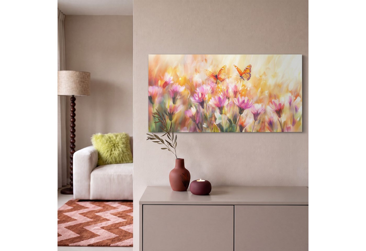 OneMillionCanvasses® Leinwandbild Panorama Schmetterlinge - Orange - Blumen, Fotodruck (1 St), Wandbild, Deko Schlafzimmer Wohnzimmer Flur 40x20 cm – Bild 2 von 5
